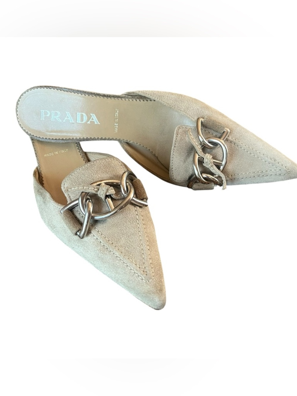 Prada Vintage Suede Mule Kitten Heels Khaki 38 (US 7.5–8) Chain Pointed Toe